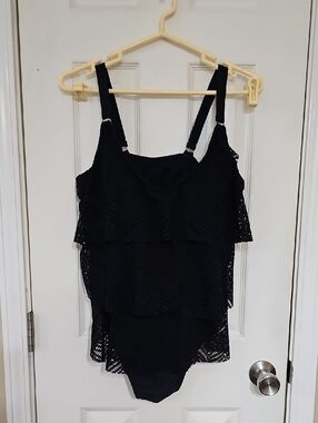 Tropical Escape Black Tiered Lace One-Piece Swimsuit with Adjustable Straps